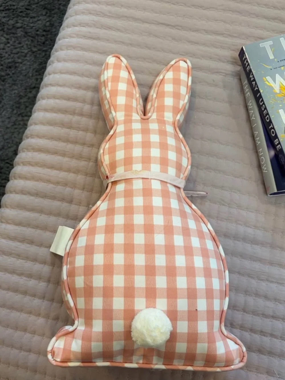 Shabby Chic Peach Pink Gingham Bunny Accent Pillow